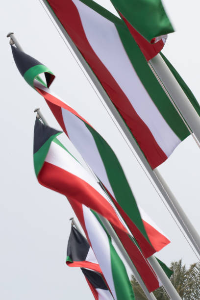 istock Multiple Kuwait national flags flying during the day at a event in Qatar 1209445993