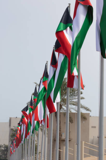 istock Multiple Kuwait national flags flying during the day at a event in Qatar 1209446033
