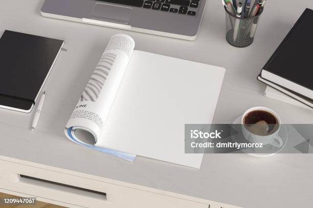 Blank Magazine Page Workspace With Magazine Mock Up Stock Photo - Download Image Now
