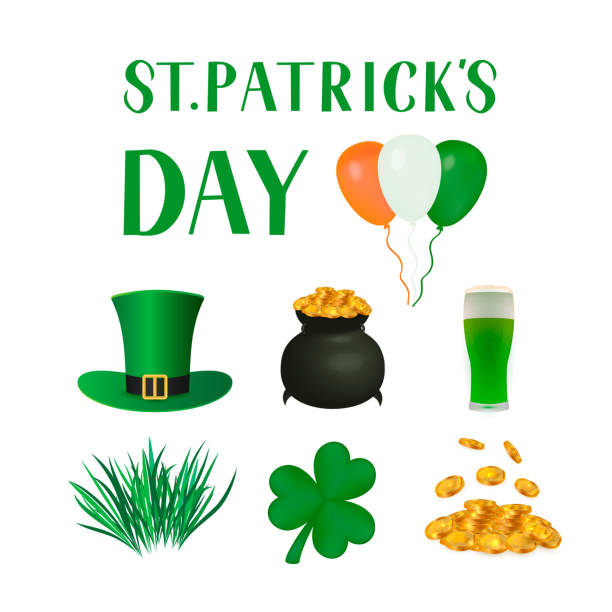 ilustrações, clipart, desenhos animados e ícones de símbolos tradicionais do dia de são patrício: chapéu leprechaunâs, folha de shamrock, pote de tesouro, moedas de ouro, copo de cerveja. elementos vetoriais para cartão de saudação do dia de são patrício, banner, pôster, panfleto, etc. - saint patricks banner green beer patrick leprechaun hat