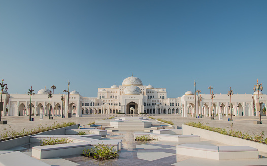 A new, monumental sight in Abu Dhabi, now open to the public, showing the wonders of the arabic exterior architecture. Qasr Al Watan, Presidential Palace. Abu Dhabi/UAE, November 06.2019