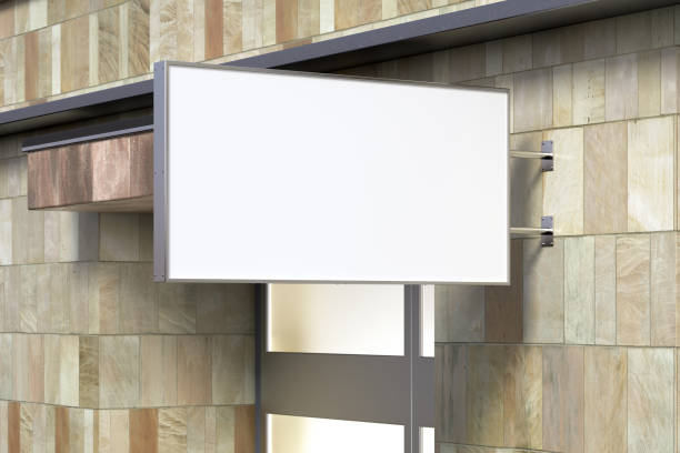 istock Horizontal signboard or signage on the marble wall with blank white sign mock up. Side view. 1209450254