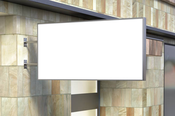 istock Horizontal signboard or signage on the marble wall with blank white sign mock up. Side view. 1209450271