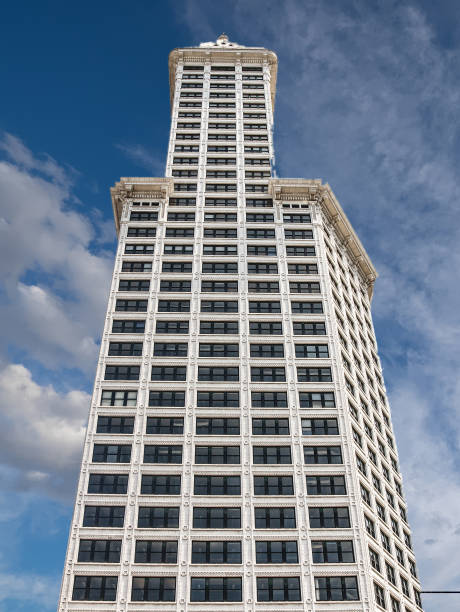 istock Classic Concrete Office Tower Rising into Blue Sky 1209450948