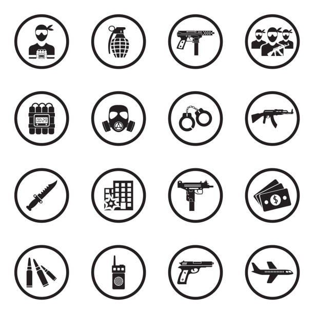 Terrorist Icons. Black Flat Design In Circle. Vector Illustration. Terrorist Attacks, Bombing, Gun. ak 47 bullets stock illustrations