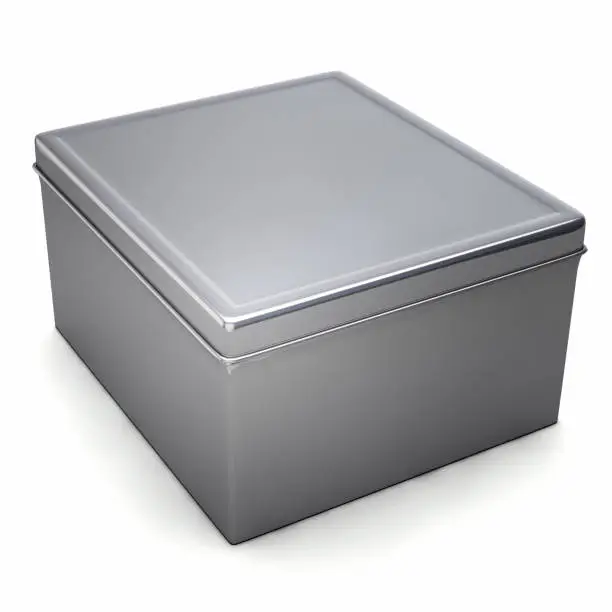 Metal Box Closeup Shot Isolated on White. 3D Illustration. Clipping Path Included.