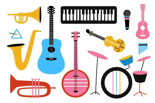 Vector illustration of Isolated set with drums, guitars, wind instruments