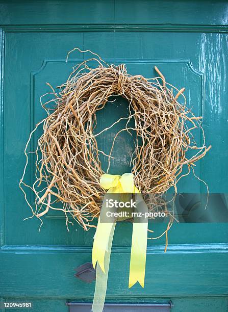 Joyful Wreath On Turquoise Door Stock Photo - Download Image Now - Color Image, Door, No People