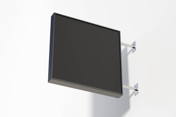istock Square signboard or signage on the white wall with blank black sign mock up. Bottom view. 1209460738