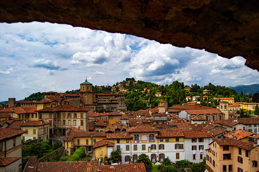 view of the roof of the historical upper town of bergamo, lombardy, italy - drone aerial  view