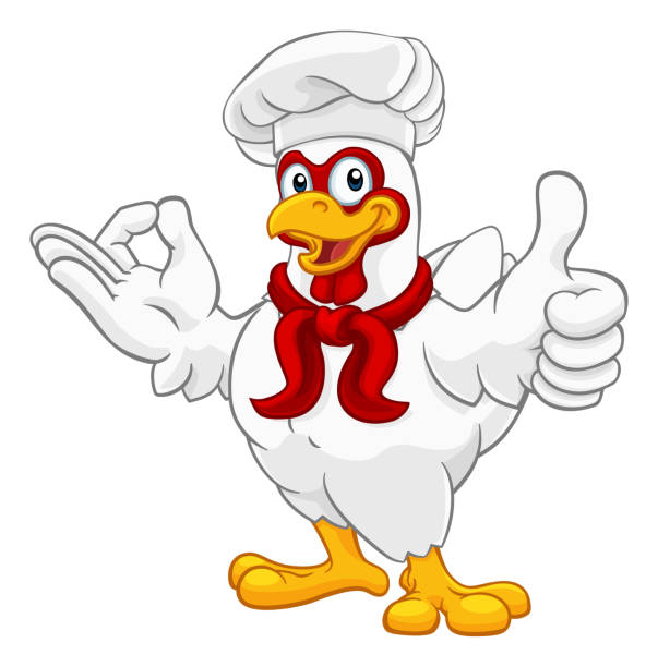 Chicken Chef Rooster Cockerel Perfect Cartoon A chef chicken rooster cockerel cartoon character mascot doing a chefs okay perfect hand sign and thumbs up chicken thumbs up design stock illustrations