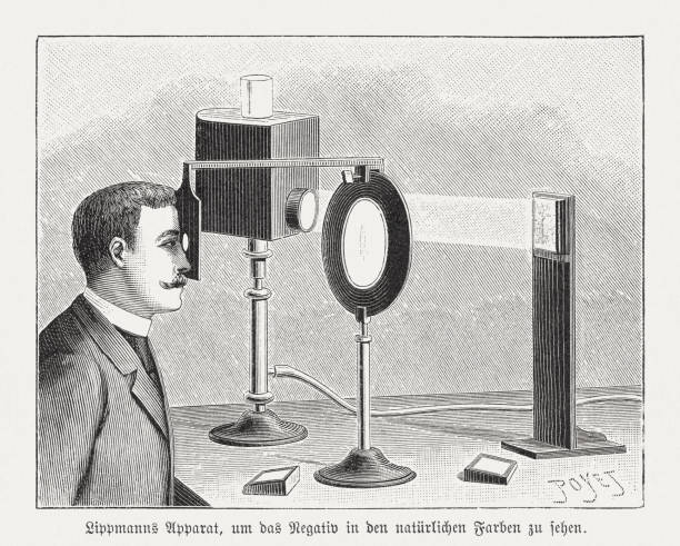 ilustrações de stock, clip art, desenhos animados e ícones de gabriel lippmann's (1845-1921) apparatus, wood engraving, published in 1895 - camera engraving old retro revival