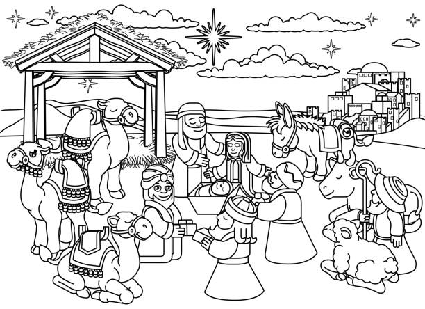 ilustrações, clipart, desenhos animados e ícones de desenho animado de natal da cena do presépio - wisemen