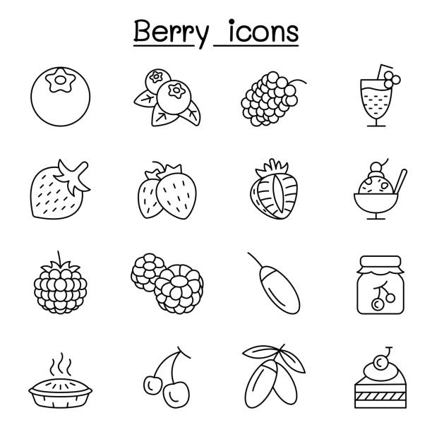 illustrazioni stock, clip art, cartoni animati e icone di tendenza di icona bacche impostata in stile linea sottile - raspberry gooseberry strawberry cherry