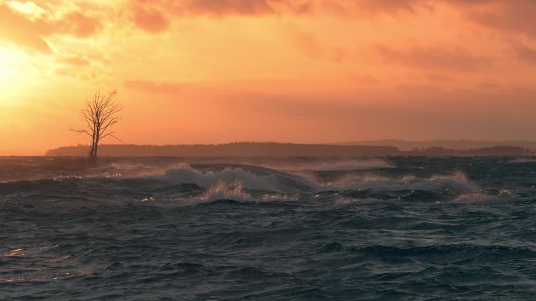 Stormy evening by the lake at sunset in slow motion