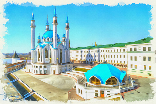The territory of the Kazan Kremlin. Islamic shrine reconstructed Qolşarif Mosque. Oil paint on canvas. Picture with photo, imitation of painting. Rendering