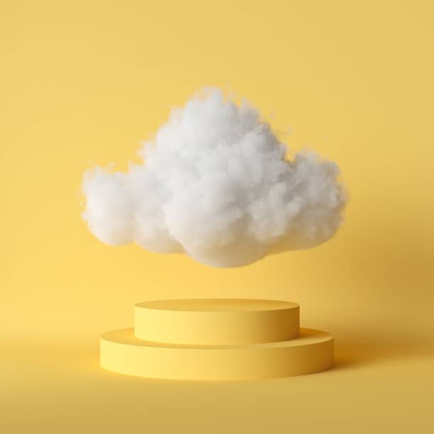 istock 3d render, white fluffy cloud flying above the cylinder pedestal, stairs, steps, round podium, minimal room interior. Isolated objects, bright yellow background, modern design, abstract metaphor 1209468612