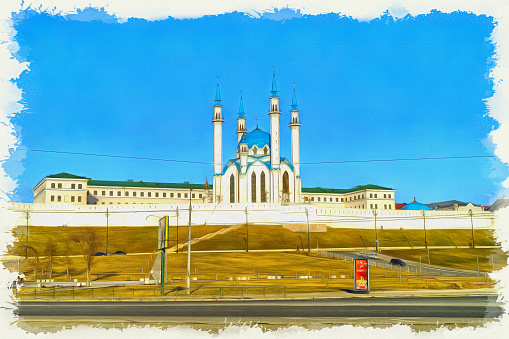 Kazan Kremlin. Islamic shrine reconstructed Qolşarif Mosque. Oil paint on canvas. Picture with photo, imitation of painting. Rendering