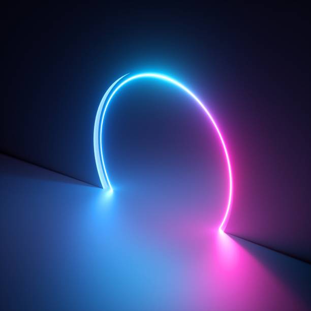 istock 3d render, abstract geometric neon background, pink blue vivid light, ultraviolet round hole in the wall. Window, open door, gate, portal. Room entrance, arch. Modern minimal concept 1209468759
