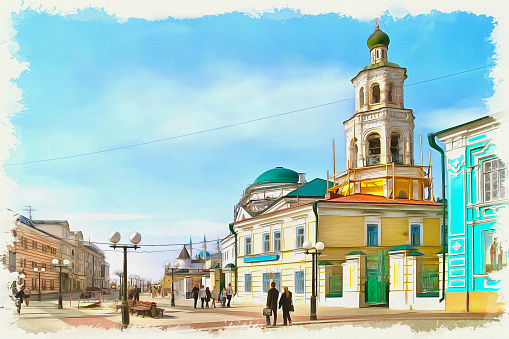 St. Nicholas Cathedral in the historic city center on the pedestrian Baumana Street. Oil paint on canvas. Picture with photo, imitation of painting. Rendering