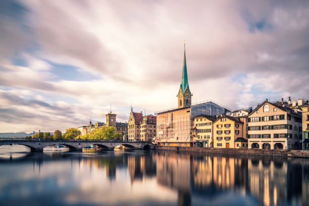 Zurich Fraumunster Church by the limmat river stock photo