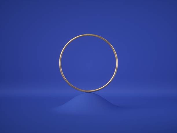 istock 3d render, golden ring, blank round frame placed on hill, isolated on blue background. Fashion minimal concept, modern geometric design. Clean style. 1209468839