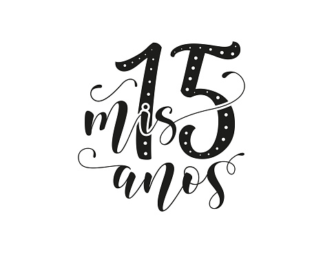 Calligraphy for Latin American girl birthday party. Black text isolated on white background. Vector stock illustration. Mis 15 anos - My fifteen years old. Lettering for Quinceanera.