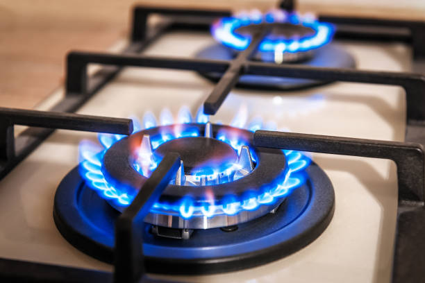 cocina cocina cocina con llamas azules ardiendo - blue flame natural gas fireplace fotografías e imágenes de stock