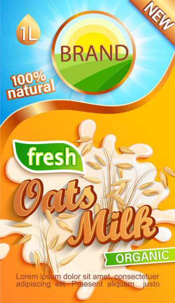 Oats milk label for your brand. Oats milk label for your brand. Natural and fresh drink,cereals in a milk splash.Logo, sticker, emblem for stores, packaging and advertising.Template for your design.Vector illustration. insignia healthy eating gold nature stock illustrations