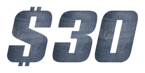 istock 30 Dollar with jeans fabric texture on white background. 1209471298