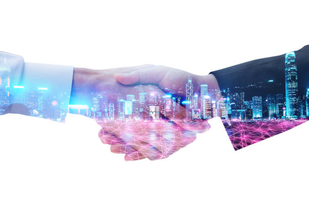Business man handshake and network connection graphic
