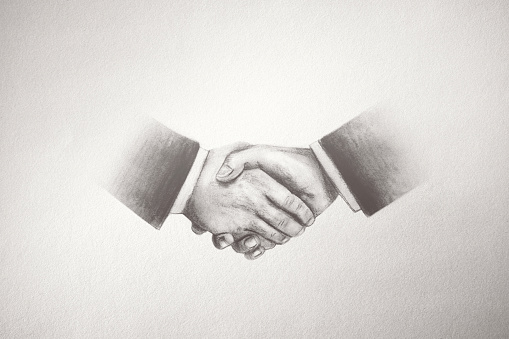 hand shaking black and white drawing