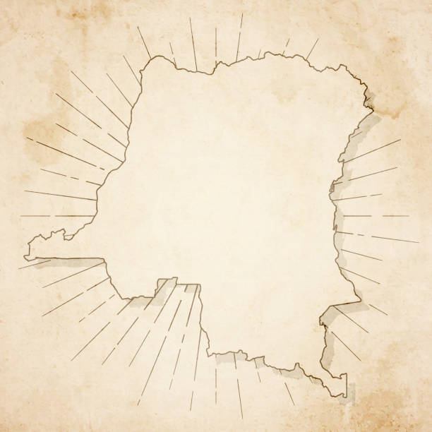 Democratic Republic of the Congo map in retro vintage style - old textured paper Map of Democratic Republic of the Congo in a trendy vintage style. Beautiful retro illustration of an antique map with light rays in the background and on old textured paper. Included: Realistic texture of an old parchment (colors used: sepia, beige, brown). Vector illustration (EPS10, well superimposed and grouped). Easy to edit, manipulate, resize or colorize. kinshasa stock illustrations
