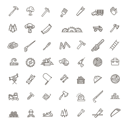 Logging, sawmill line icons. Instruments for working with wood