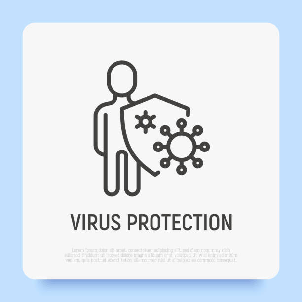 illustrazioni stock, clip art, cartoni animati e icone di tendenza di protezione dai virus: l'uomo tiene lo scudo, i batteri non possono attaccarlo. sistema immunitario, vaccinazione, antibiotici. icona linea sottile. illustrazione vettoriale moderna. - anti bacteria