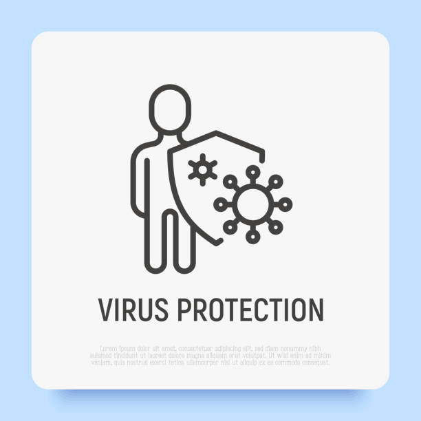 ウイルス保護:人間はシールドを保持している、細菌は彼を攻撃することはできません。免疫システム、ワクチン接種、抗生物質。細線のアイコン。現代のベクトルイラスト。 - immunology点のイラスト素材／クリップアート素材／マンガ素材／アイコン素材