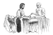 Surgeons perform an operation in the old book The Schools of Surgery, by A. Tauber, 1889, S.-Petersburg