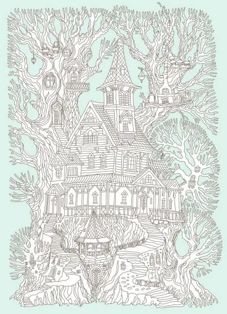 Vector illustration of Vector hand drawn fantasy old tree stump with fairy tale house and barbeque gazebo on a green background. Linear brown contour sketch. Tee-shirt print, greeting card, party invitation