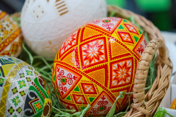 istock Ukrainian handmade painted Easter eggs. Pysanka - traditional cultural egg painting, ethnic pattern 1209483936