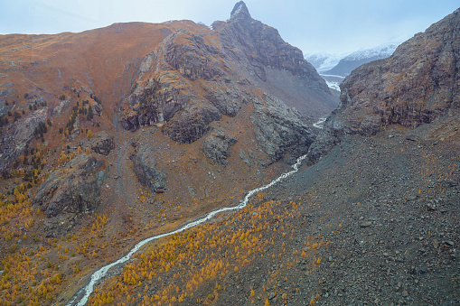 View of river and landscape furi mountain in autumn season from cable car in zermatt, swiss