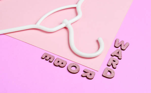 istock White hanger on yellow pink background with word wardrobe. Top view 1209485746