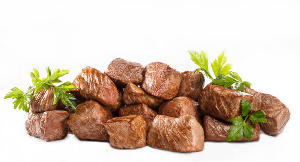 roasted meat beef cubes - meat steak veal beef imagens e fotografias de stock