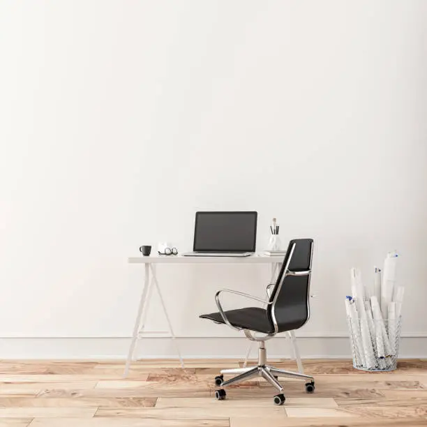 Workdesk with decoration on hardwood floor in front of empty white wall with copy space. 3D rendered image.