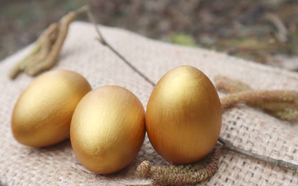 istock Golden eggs lie on a napkin in the forest. Happy easter concept. 1209488760