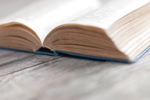 istock Old book open on wooden table in daylight 1209489561