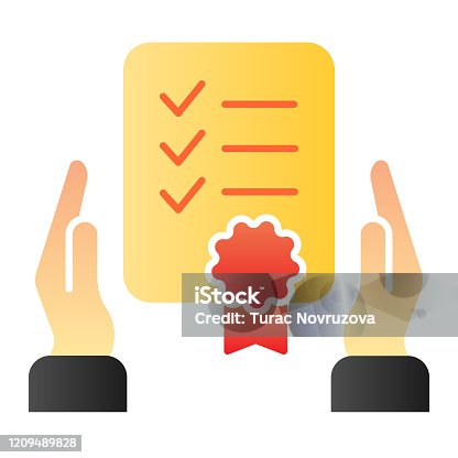 istock Certificate in hands flat icon. Warranty list color icons in trendy flat style. Document certified gradient style design, designed for web and app. Eps 10. 1209489828