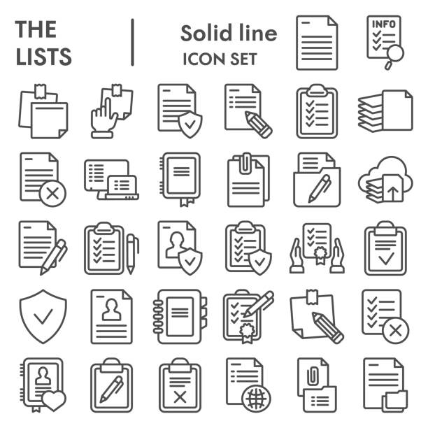 illustrations, cliparts, dessins animés et icônes de listes d’icônes de ligne, collection de symboles de documents, croquis vectoriels, illustrations de logo, panneaux de papier paquet de pictogrammes linéaires isolés sur fond blanc, eps 10. - liste