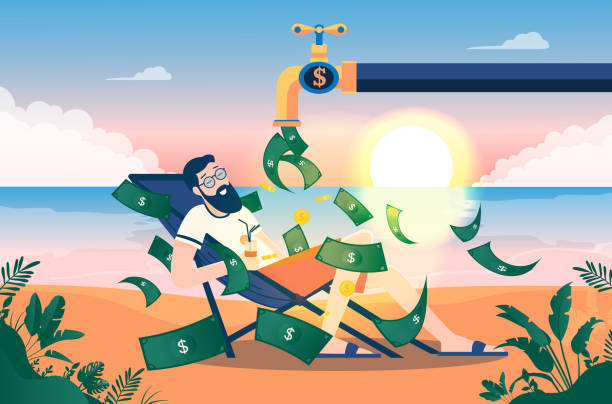 Money faucet - Man on beach enjoying a pile of money raining down from water faucet Open valve with dollar bills, beautiful view with sunrise in background. Passive income, salary & profits concept. pennies from heaven stock illustrations