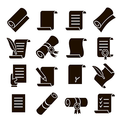 Scrolls and papers vector classic Icons set. Scroll, education diploma with ribbon and documents.