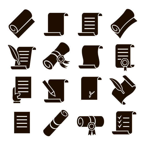 Scrolls and papers vector classic Icons set. Scroll, education diploma with ribbon and documents. Scrolls and papers vector classic Icons set. Scroll, education diploma with ribbon and documents. scroll stock illustrations